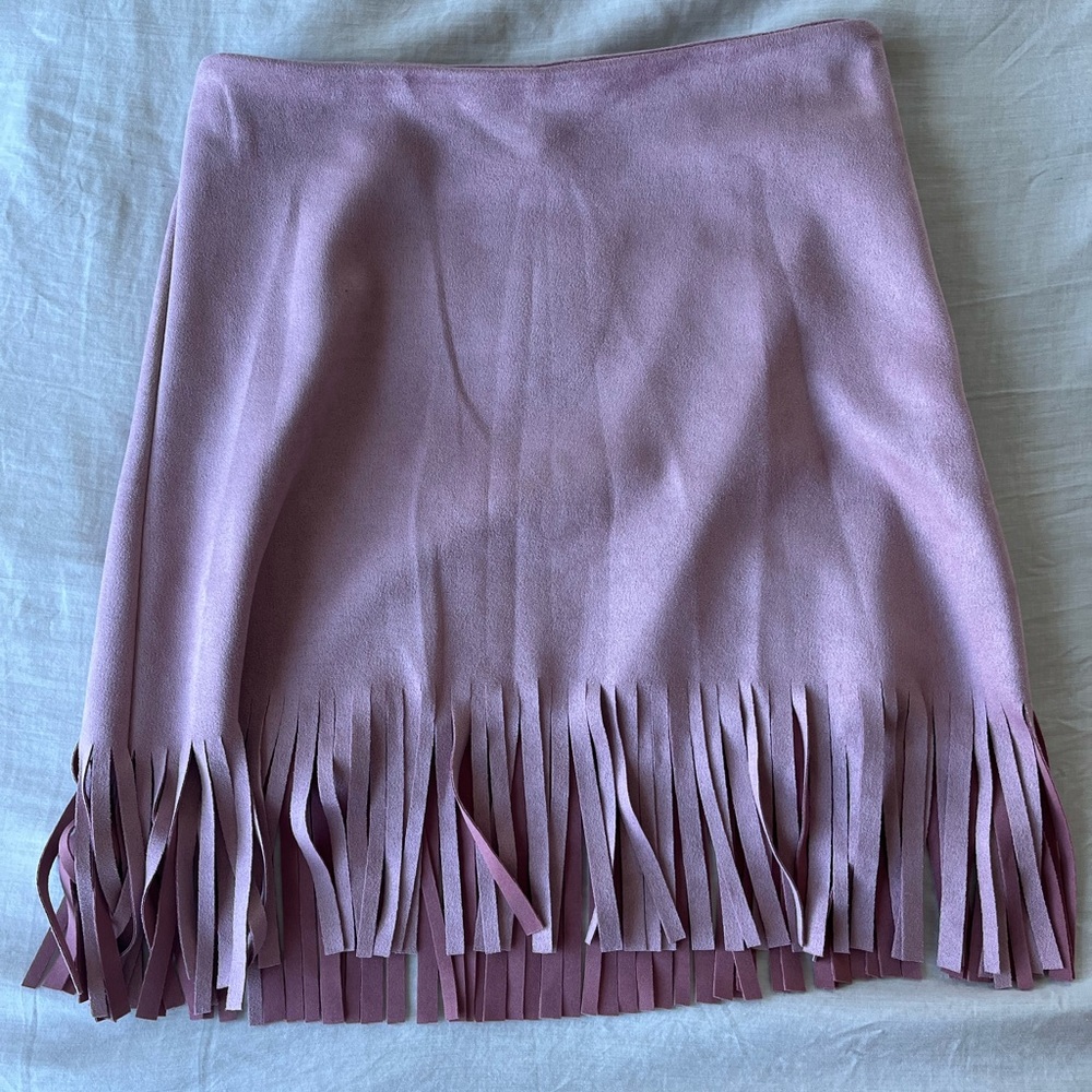 NWT! Necessary Objects faux suede fringe pink skirt